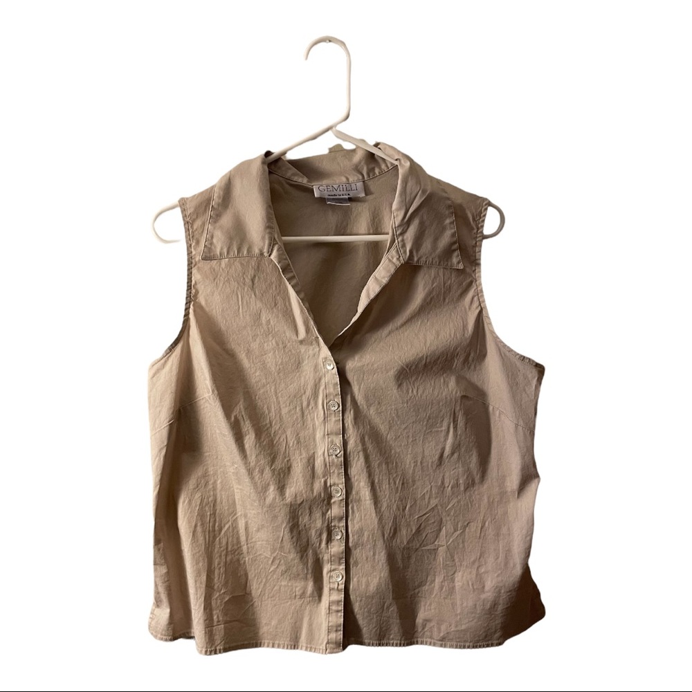 Gemilli Women's Button Front Tan Sleeveless Collared Stretch Blouse XXL